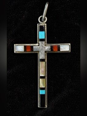 Signed JW Mahooty Zuni Inlay Cross Pendant Tested Silver Turquoise Coral 2.25”